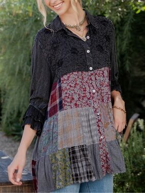 Young threads Boho Patchwork Button-Front Blouse in Black and Mixed Prints